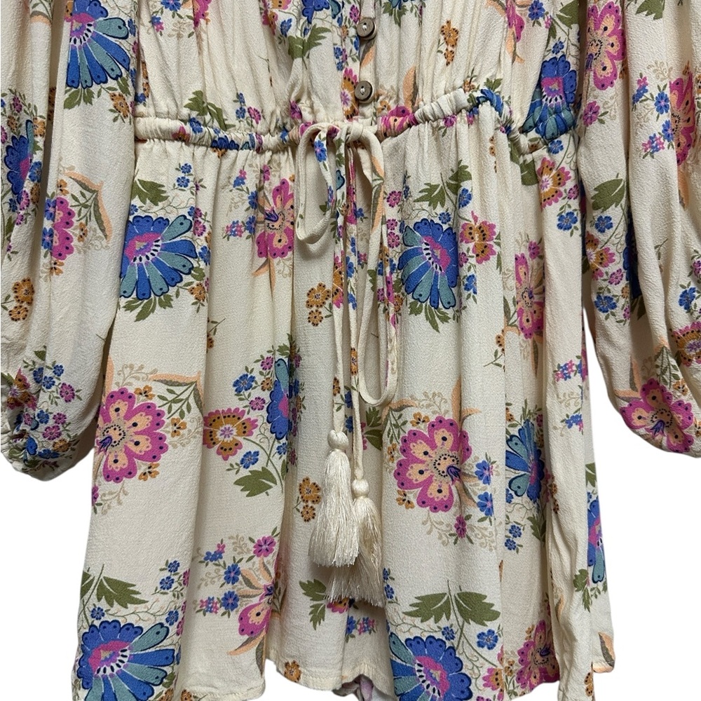 SPELL Solstice Cream Floral Long Sleeve Romper Ruffles Smocking Tassels size XS - Picture 9 of 13